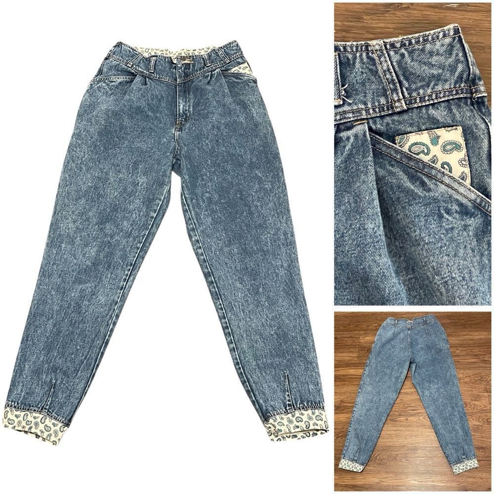 Vintage Rare Prezzia High Rise Acid Wash Tapered Blue Jeans Paisley Trim 12